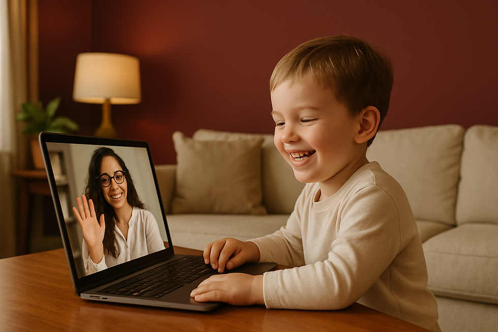 Young child grinning at a laptop screen showing a friendly therapist waving back during how to ensure achieving desired resul