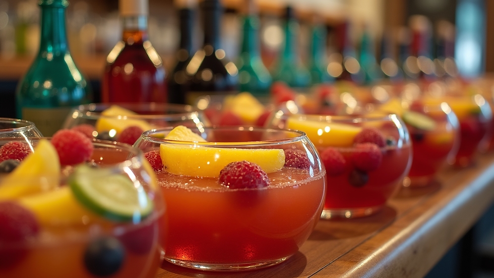 Close-up view of a sangria bar with fresh fruit bowls and wine bottles arranged neatly