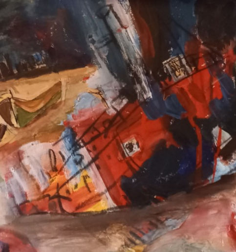 Acrylic and charcoal painting of boat, Stuck in the sand. by Eva , painter South West Kerry 