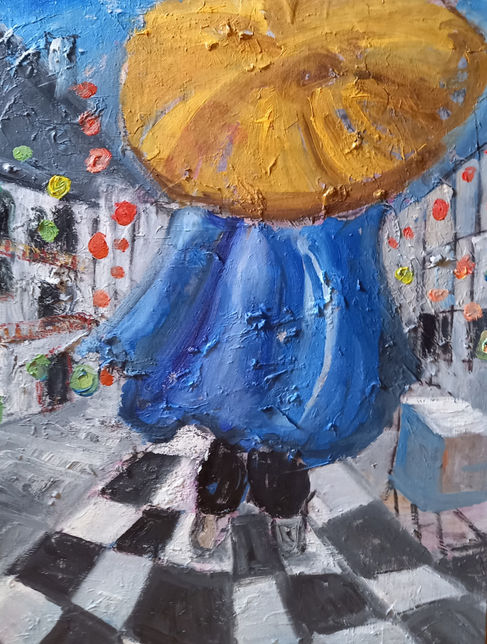 Painting of a lady in a large yellow hat in Cahersiveen, County Kerry , Ireland 