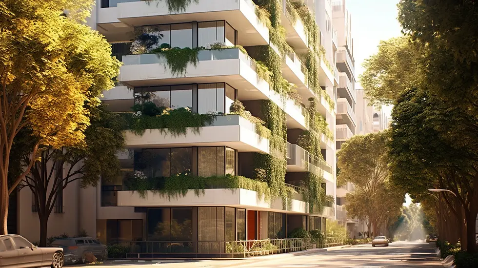 Edificio residencial en Chile con vegetación en los balcones, ejemplo de arquitectura sustentable y diseño ecológico en un entorno urbano.