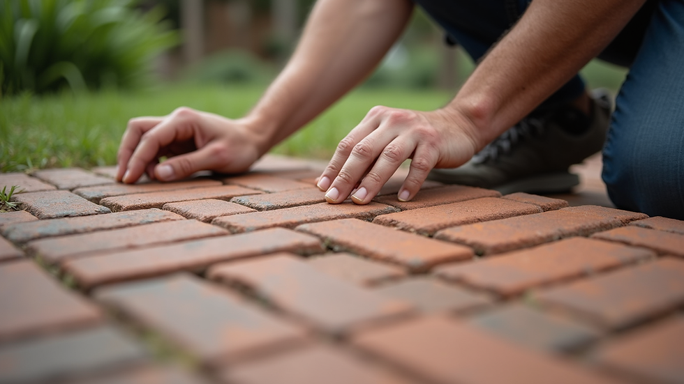Close-up view of hands laying brick pavers in a herringbone pattern
