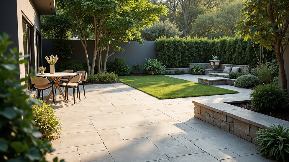 High angle view of a beautifully designed backyard patio with stone pavers and landscaping