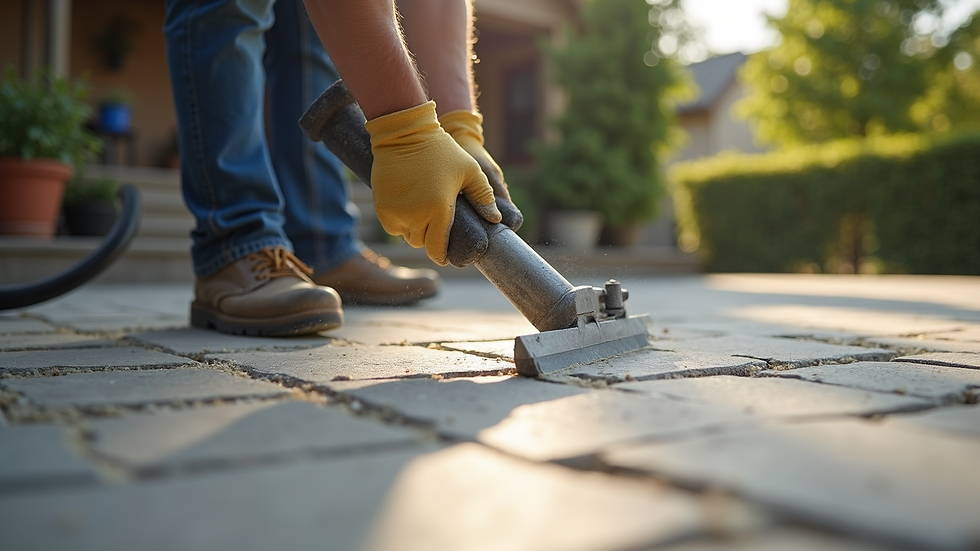 Close-up view of a contractor sealing stone pavers on a residential patio
