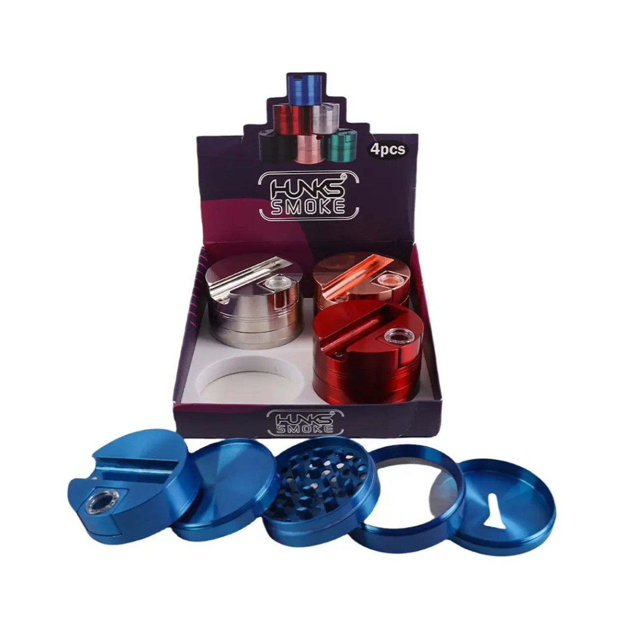 HUNKS SMOKE PREMIUM ALUMINIUM GRINDER WITH PIPE GT-156BB 4CT