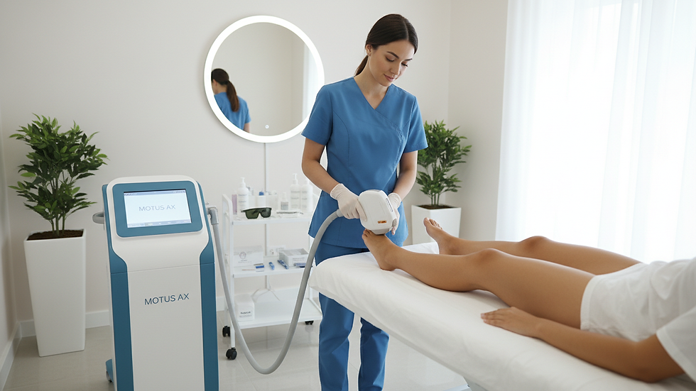Eye-level view of laser hair removal treatment room with equipment