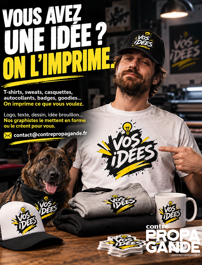 T-shirt, sweat, casquettes et mug personnalisés avec un logo : service d’impression Contre Propagande