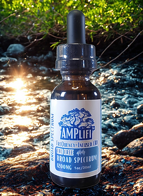 “AMPlifi™ Botanicals Broad Spectrum CBD tincture THC-free 1200mg, frequency-infused hemp oil bottle outdoors by river with sunlight reflections.”