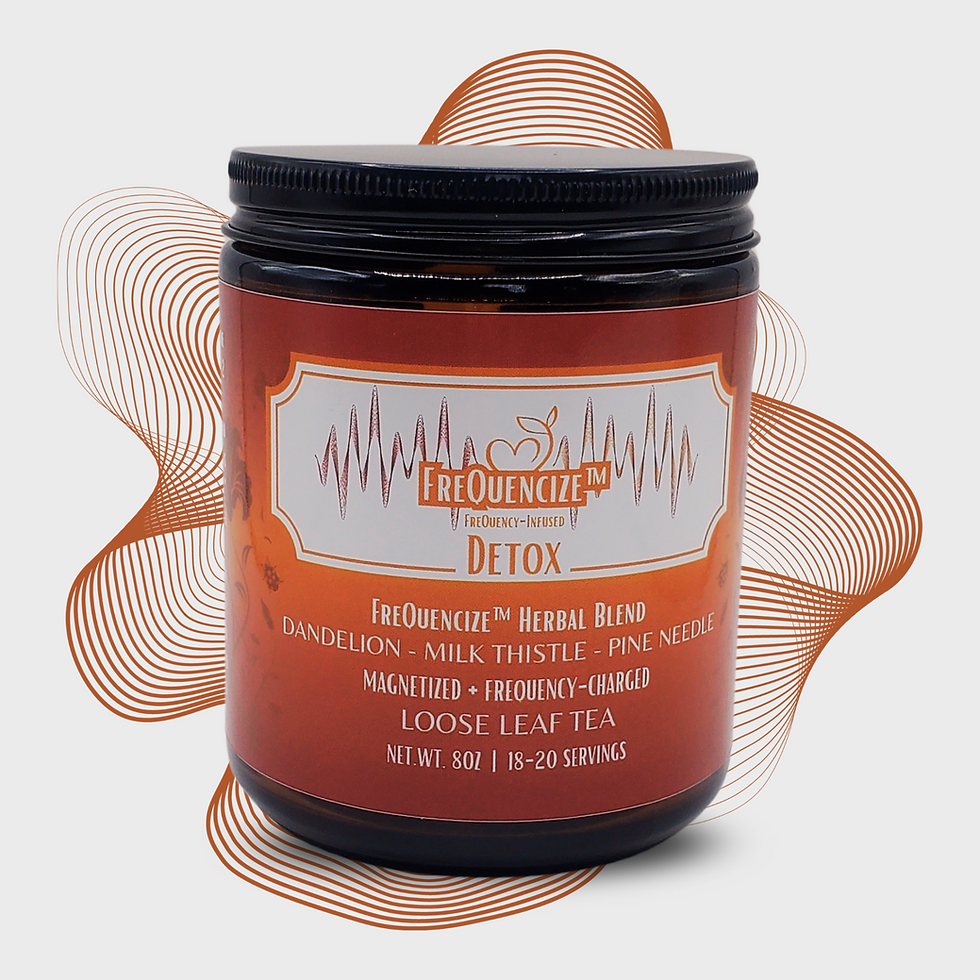 Jar of FreQuencize Detox herbal tea with orange soundwave design. Text details ingredients: dandelion, milk thistle, pine needle.