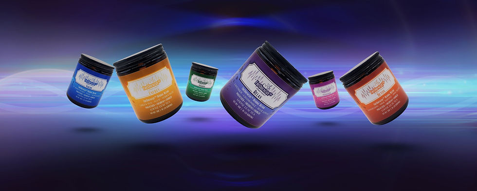 Vibrant jars of frequency-infused herbal blends gracefully float against a dynamic background, each promising unique benefits such as focus, energy, and relaxation.