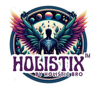 “HoliStix™ by Holistic Bro logo featuring a cosmic-inspired design with a winged figure, planets, and vibrant colors, symbolizing herbal prerolls, frequency-infused rituals, and holistic wellness.”