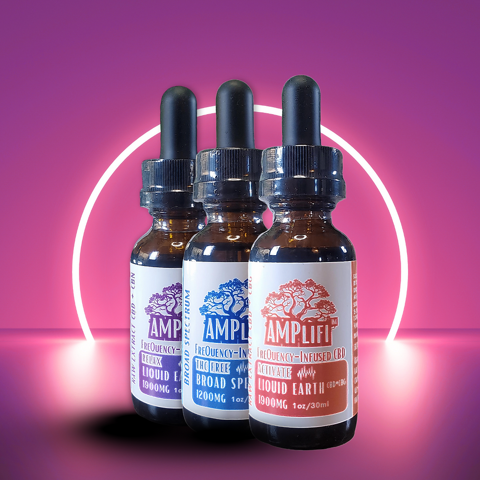 A vibrant display of CBD oils from AMPlifi™ Botanicals, featuring an array of options like Relaxx, Broad Spectrum, and Activate against a striking neon backdrop.