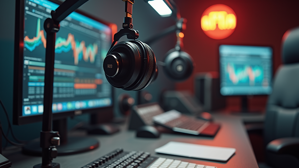 Eye-level view of a modern radio studio with microphones and headphones