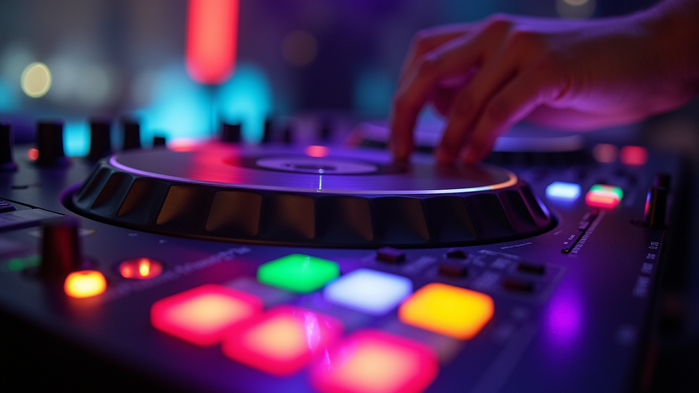 Eye-level view of a DJ controller with colourful LED lights