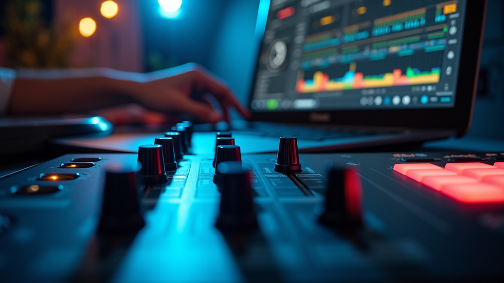 Close-up view of laptop screen showing DJ software interface