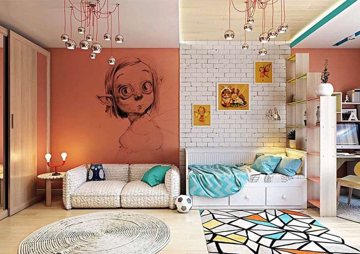 Lijntekening print op muur van kinderkamer