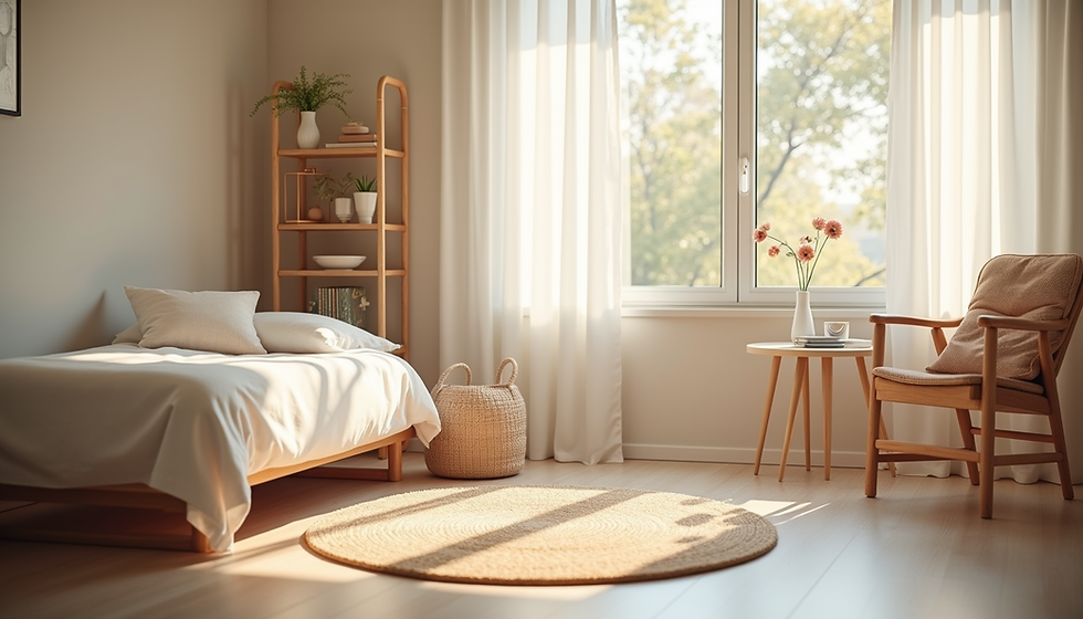 Eye-level view of a serene therapy room with comfortable seating and calming decor