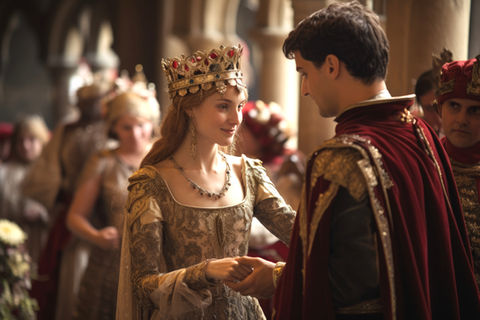 male and female dressed in bridgerton themed costumes