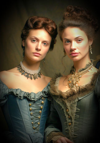 two women dressed in bridgerton themed costumes