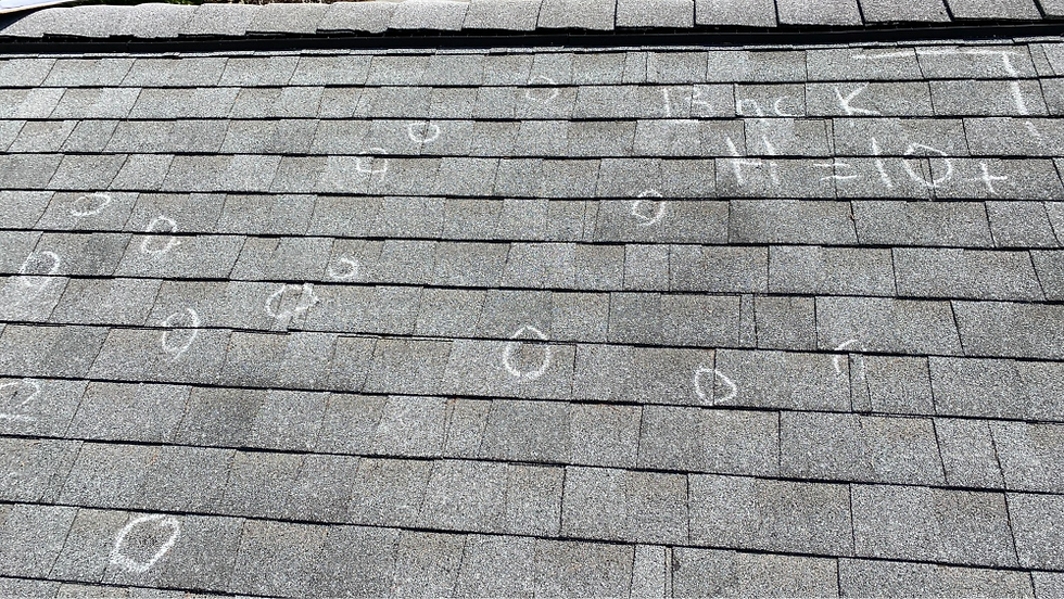 Grey shingled roof with white chalk markings showing circles and text like "H=10+" and "Back". It's a sunny outdoor setting.