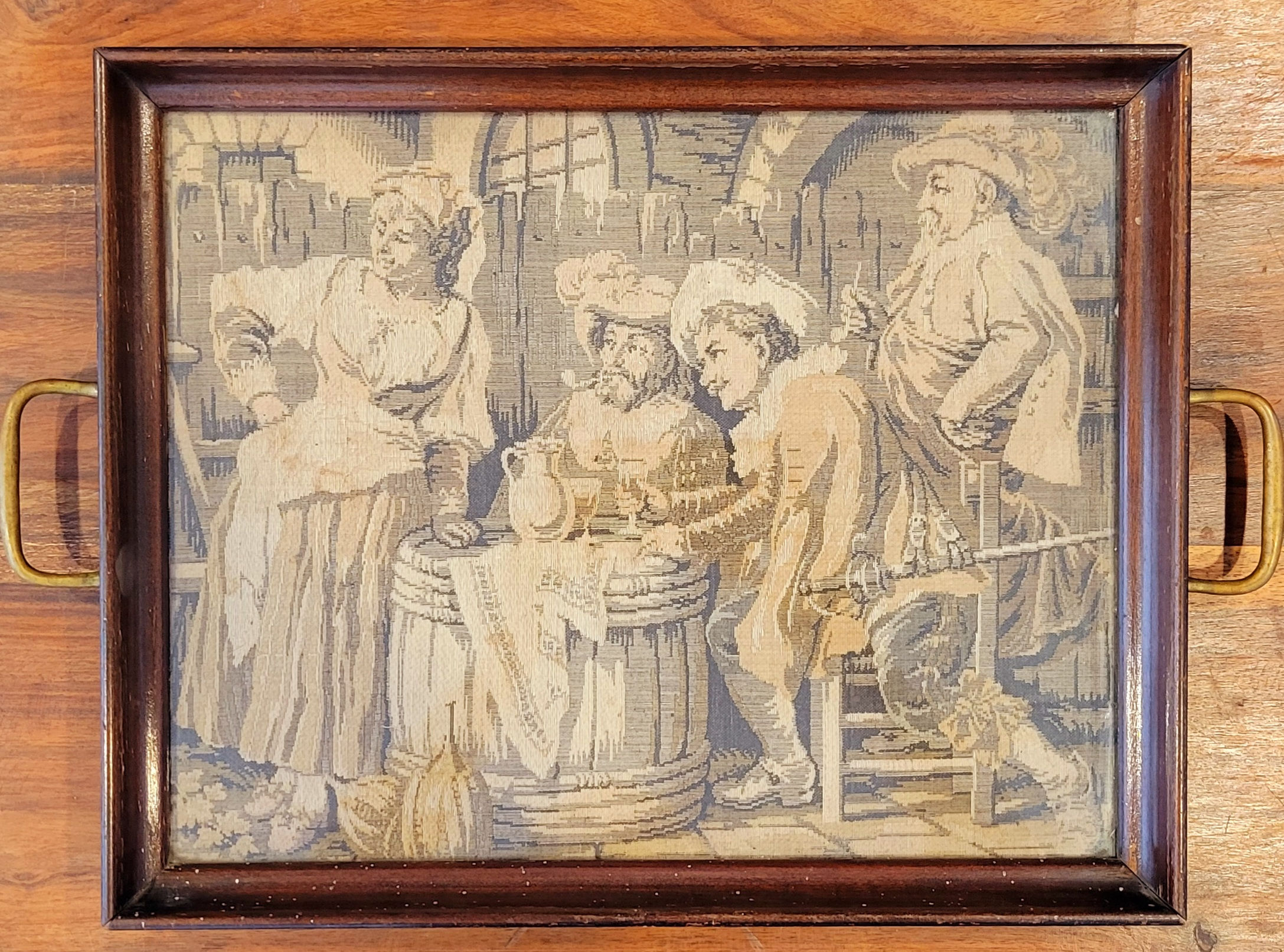 Antique French Tapestry Serving Tray Glass Covered with Brass Handles