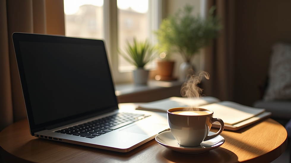 Eye-level view of a cozy reading nook with a laptop and a steaming cup of coffee