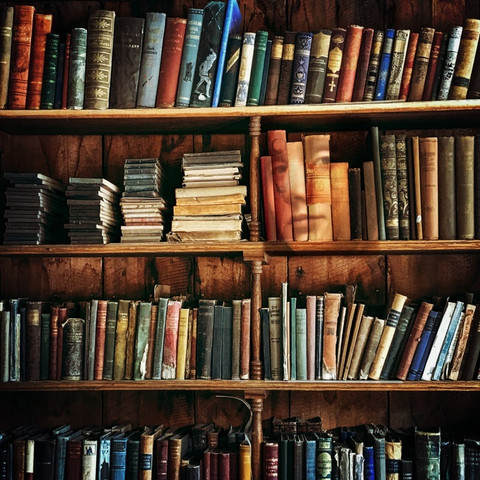 A bookcase with many old books and a young womans face is superimposed over some of the spines.