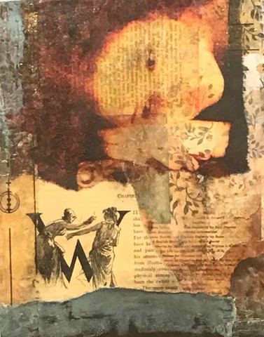 Mixed media with a woman's face, the letter "W" and antique text