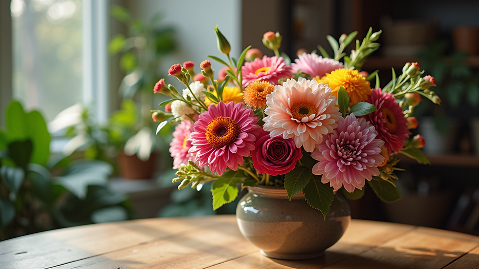 Eye-level view of a vibrant bouquet of mixed flowers on a wooden table