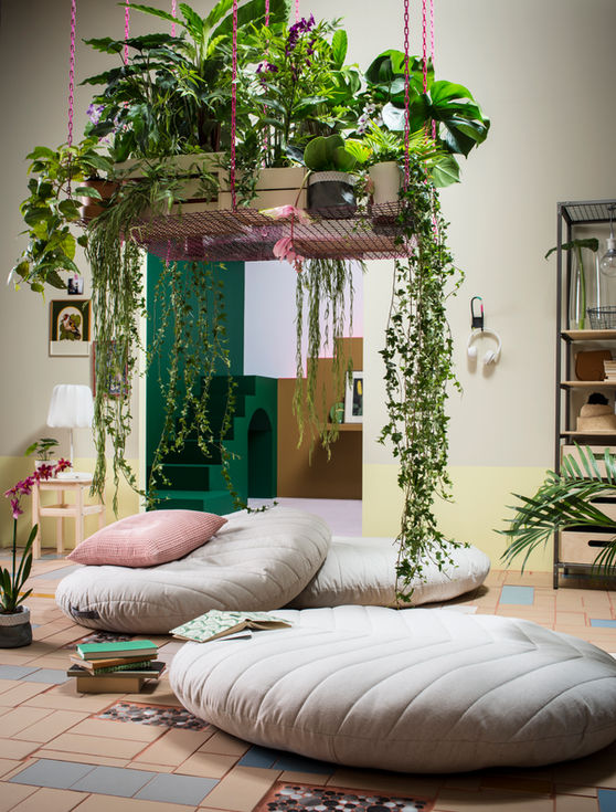 - Dihult—a leaf-shaped oval floor pillow by Gustav Carlberg, designed for small-space living. Lightweight and versatile, it easily hangs on the wall when not in use.
