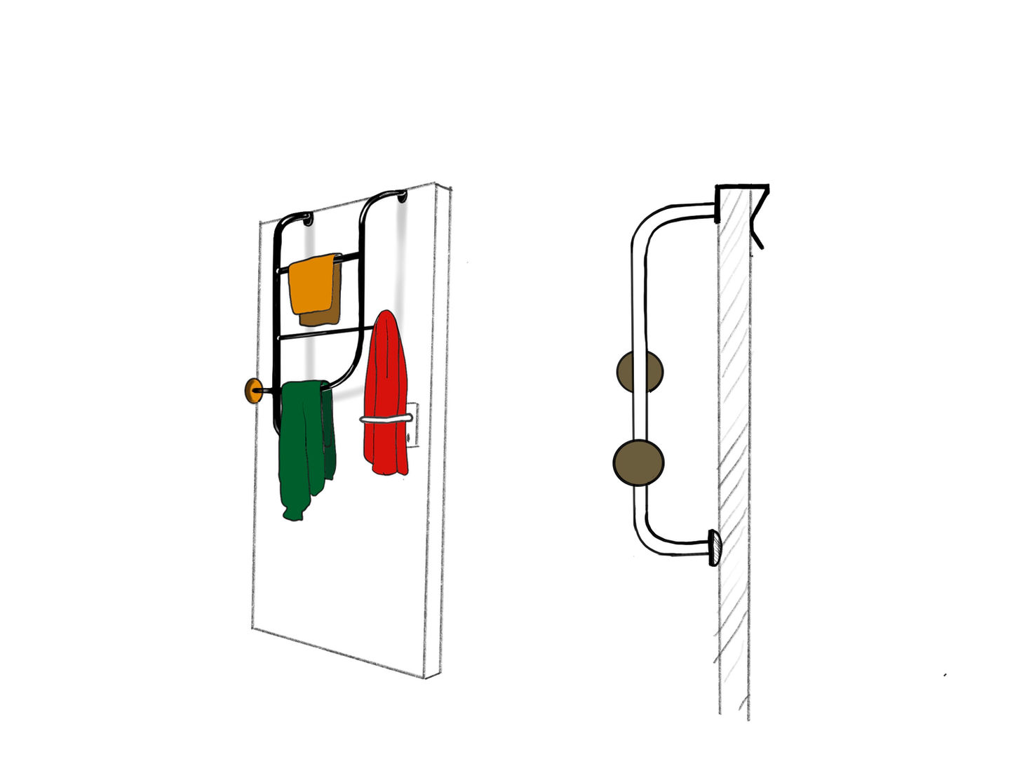Bärfis concept sketch—a Scandinavian-inspired over-the-door organizer by Gustav. Illustrated design explores functionality, featuring multiple hooks and storage elements for efficient home organization.