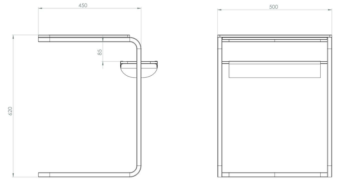Precision-engineered drawing of Olseröd, a multifunctional furniture piece by Gustav. Featuring Scandinavian-inspired design with compact dimensions and innovative elements for modern interiors.