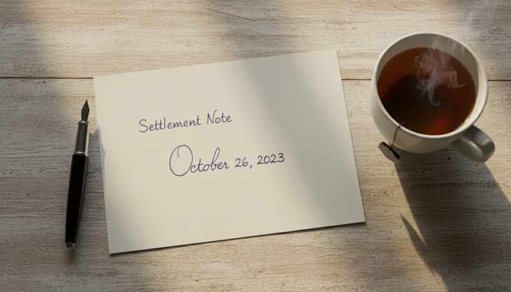 Overhead view of a signed settlement note beside a fountain pen