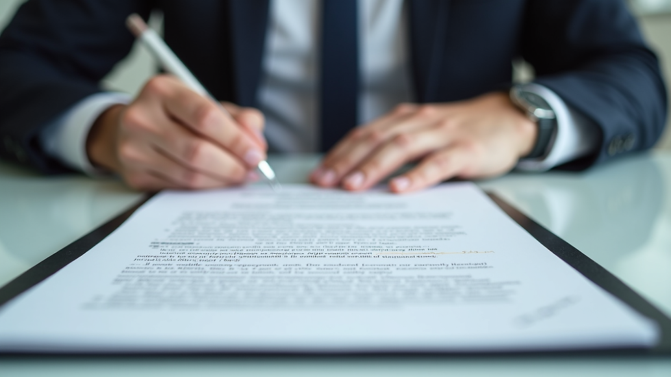 Close-up view of a mediator's notes and agreement papers on a table