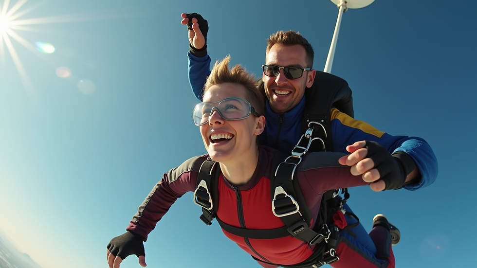 Eye-level view of skydiving instructor demonstrating gear to a first-time jumper