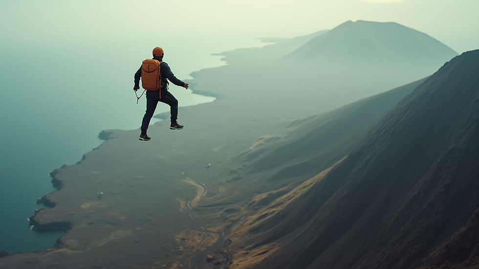 High angle view of a skydiver preparing for jump over volcanic landscape