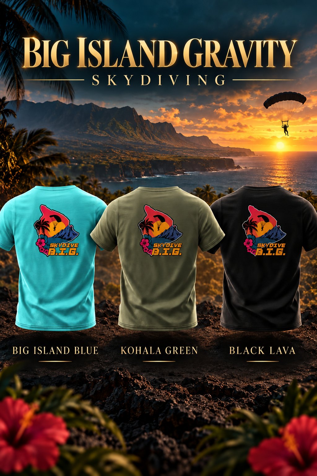 The B.I.G. Tee in Big Island Blue, Kohala Green and Black Lava, shown over the Big Island coast at sunset