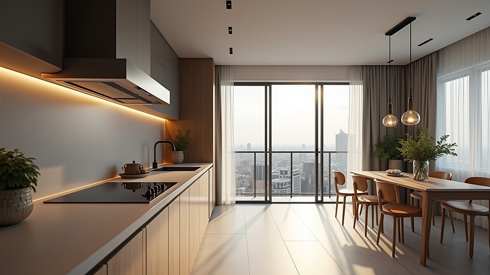 High angle view of a kitchen area in a serviced apartment