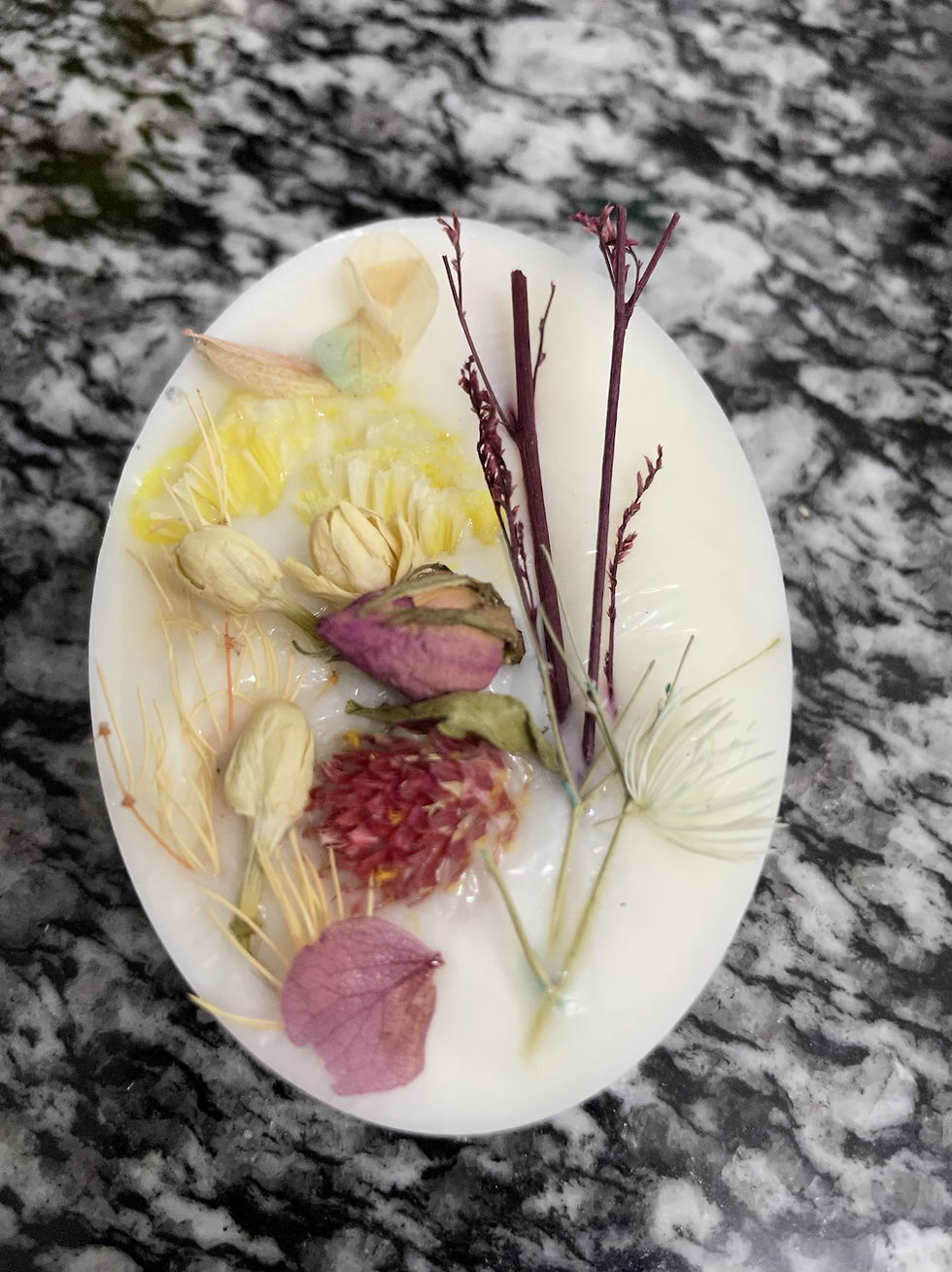 Thumbnail: Handmade Pure Goats Milk Soap with Freesia and topped with natural dried flowers