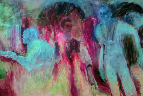 ציור מופשט עם דמויות מרומזות, צבעוניות חמה וקרה (ורוד, טורקיז, סגול) מתמזגת יחד — התחושה היא של תנועה, התכנסות, אולי התקהלויות או זיכרון עמום של קבוצה. יש ניחוח רפאים או חיזיון.