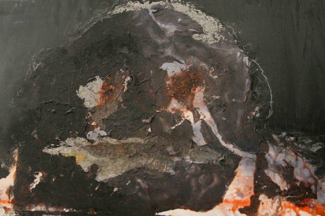 An abstract painting in dark tones, with thick layers of paint; depicts a collapsed or reclining figure within a rocky mass.