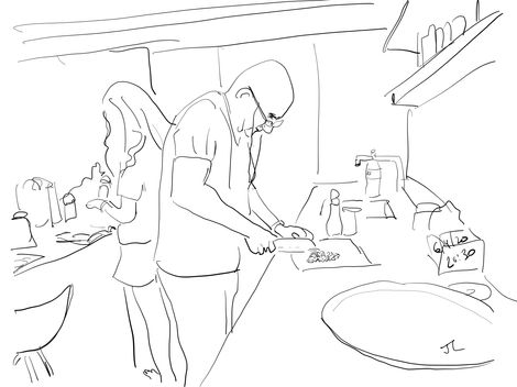 A black line drawing on a white wall depicting a kitchen or lab scene. Wide format enables open access.