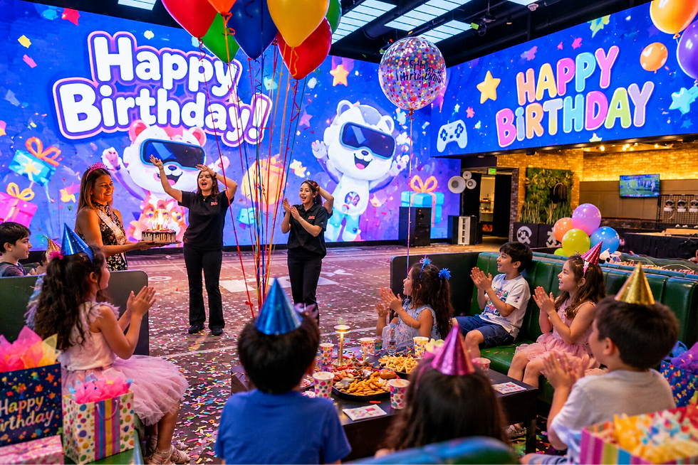 Kids birthday party in Bellevue at Mirra with interactive games, food, cake, and a fun group celebration