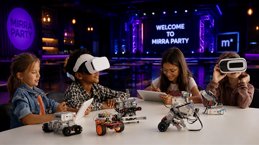 Children collaborating on robotics projects at Mirra’s Robotics + VR Summer Camp in Bellevue, combining STEM education with immersive virtual reality experiences.