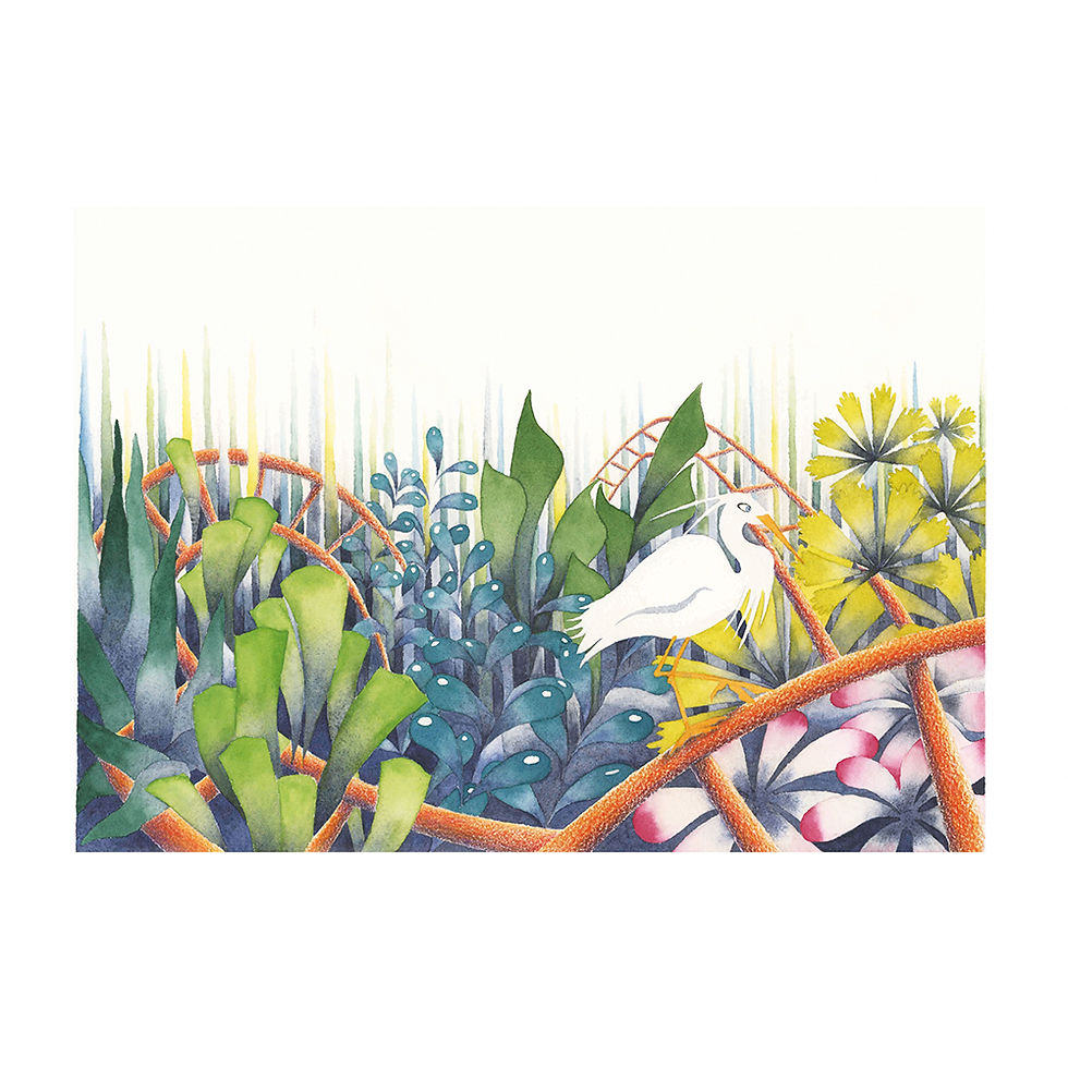 Aquarelle d'une aigrette dans un parc d'attraction envahi par la végétation
