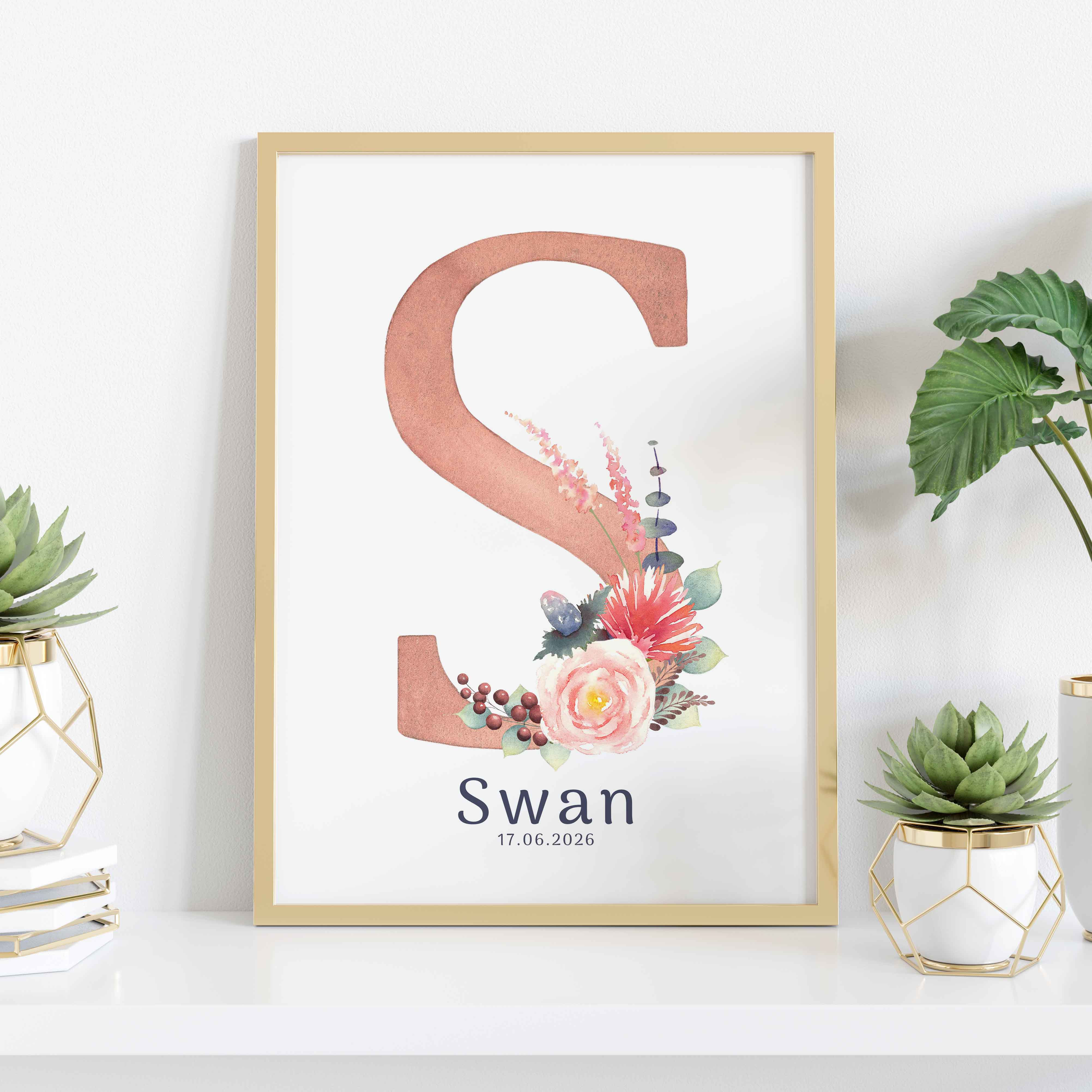 Monogramme dans un cadre initiale S à l'aquarelle avec des fleurs