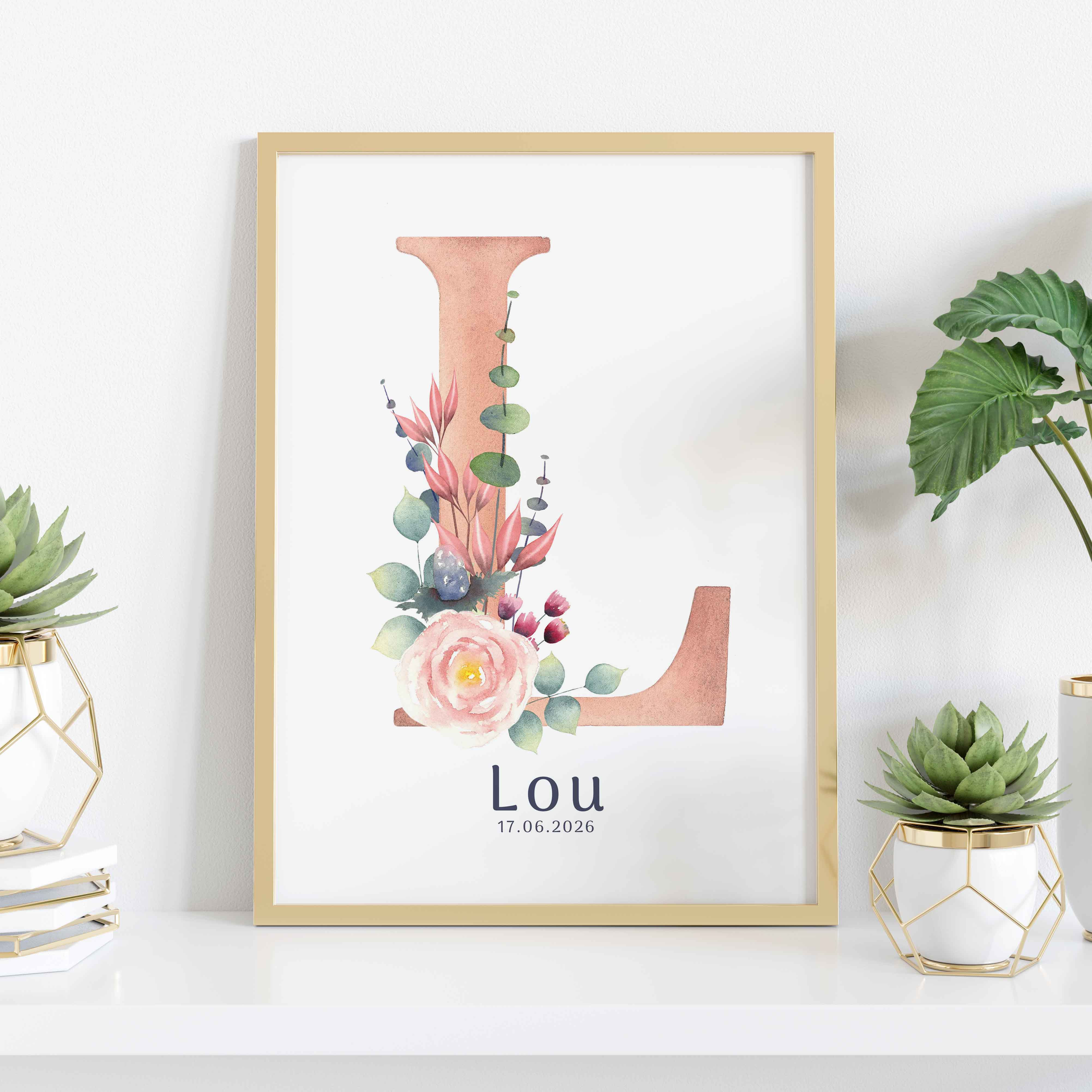 Monogramme dans un cadre initiale L à l'aquarelle avec des fleurs