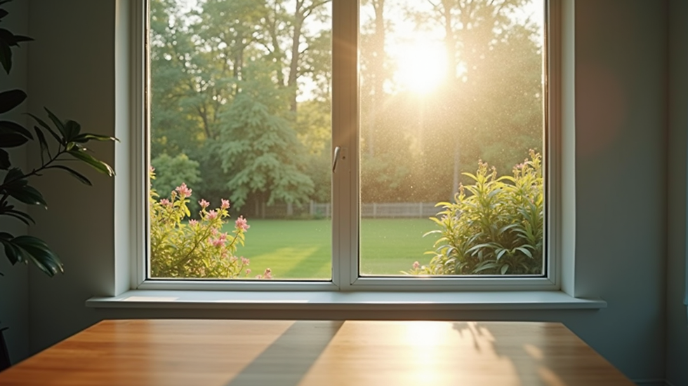Eye-level view of a sparkling clean window with a beautiful garden in the background