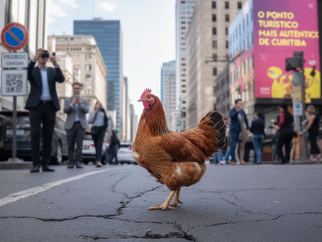 Uma galinha cisca calmamente no meio de uma calçada de cidade moderna, cercada por grandes prédios de concreto, placas de “proibido estacionar”, QR codes, e pessoas de terno tirando fotos com seus celulares. Ao fundo, o Palácio do Governo e um teatro moderno. A galinha tem pose majestosa, quase filosófica, indiferente ao caos urbano ao redor. Pode haver uma segunda galinha tentando escapar pelas grades ou dormindo sob uma árvore. Um letreiro luminoso ao fundo diz: “O ponto turístico mais autêntico de Curitiba”. A cena deve ser divertida, com toques surreais e exagerados — como se a cidade inteira estivesse girando em torno das galinhas, mas elas não estivessem nem aí.