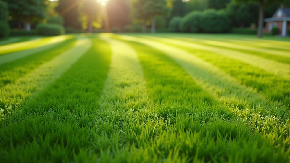 Eye-level view of a freshly mowed green lawn with clear stripes